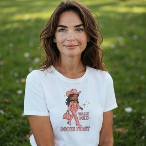 White Graphic T-Shirt with Cowgirl Design